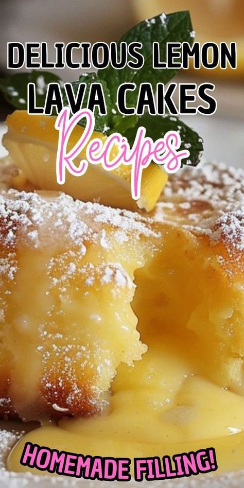 These Lemon Lava Cakes are zesty desserts, full of light lemon flavor. The tender mini cakes are filled with a white chocolate and lemon curd molten lava gooey center and ready in under 30 minutes! Lemon Lava Cake Recipes, Vanilla Lava Cake, Pumpkin Lava Cake Recipe, Lemon Lava Cake, Chocolate Molten Cake, Molten Cake, Different Types Of Cakes, Lava Cake Recipes, Molten Lava Cakes