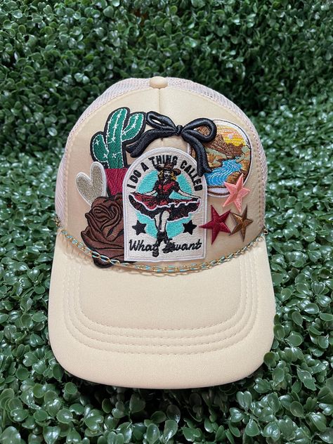 "I Do a Thing Called What I Want" Trucker Hat. Tan with colorful patches. Detachable hat chain included. Adjustable size. Fully customizable options are also available. Message for options. Trucker Hat With Patches, Patch Trucker Hat, Trucker Hats With Patches, Hat With Patches, Hat Chain, Diy Save The Dates, Patch Hat, Hat Patches, Trucker Hats