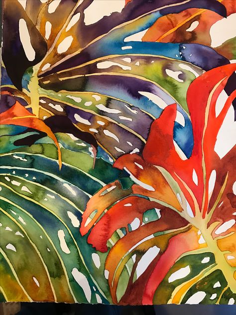 Tropical Painting, Floral Watercolor Paintings, Plant Painting, Tropical Art, Plant Art, Leaf Art, Colorful Leaves, Flowers And Leaves, Botanical Art