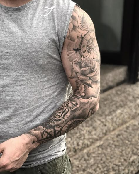 "Symbolic Ink: Tattoos with Deep Meanings for Men" "Black and Grey or Colorful? Choosing the Right Cloud Tattoo Sleeve, Mangas Tattoo, Tattoo Sleeve Filler, Men Tattoos Arm Sleeve, Men Tattoo, Mens Shoulder Tattoo, Muster Tattoos, Tattoo Ideas For Men, Watch Tattoos