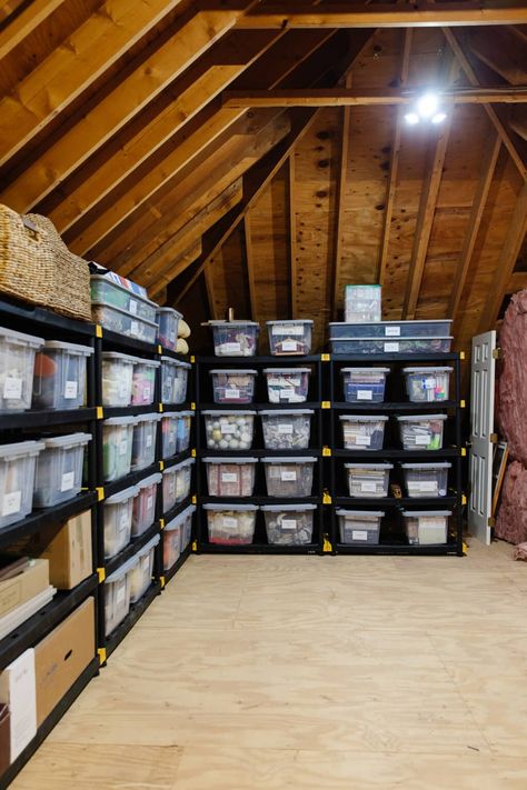 Attic Storage Shelves, Garage Attic Storage, Attic Storage Solutions, Attic Organization, Garage Attic, Finished Attic, Garage Loft, Loft Storage, Storage Room Organization