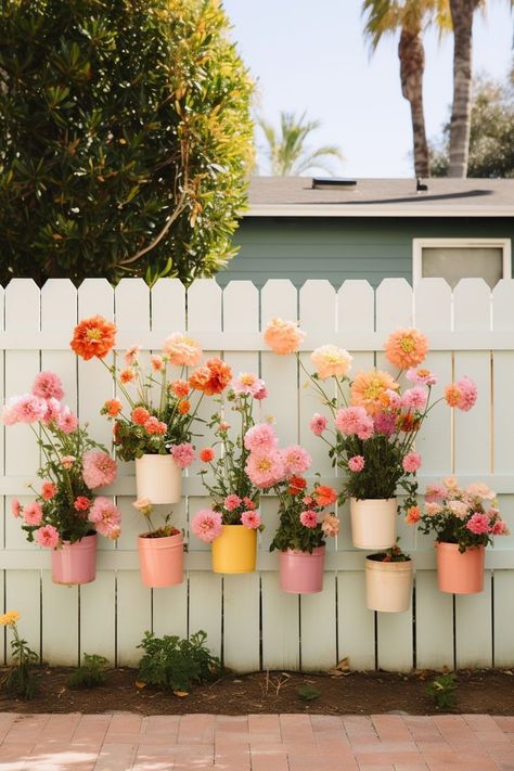 Cute Yard Decor, Pink Picket Fence, Garden Fence Planter Ideas, Flower Box Wall, Mini Fence For Garden, Backyard Fence Ideas Decor, Painted Garden Walls Ideas, Wild Front Garden, Pastel Garden Ideas