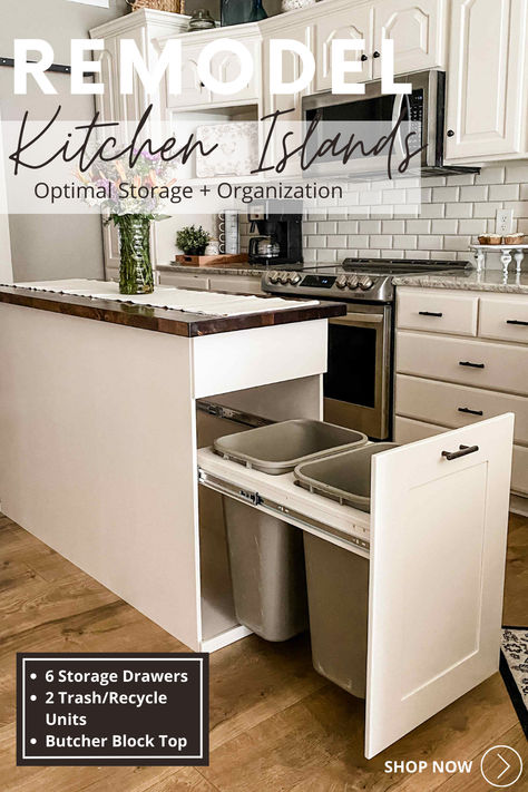 Everyone is loving rustic modern kitchens and country kitchen remodel, don't let plastic or stainless steel trash cans ruin the look. Multi-purpose kitchen islands are available in varying sizes and styles, with extra storage drawers as well as trash and recycling bins. It's the perfect kitchen hack for extra storage and optimal organization while maintaining a clean appearance in your kitchen. Ideas for farmhouse cottage style. farmhouse style kitchen. kitchen layout.rustic farmhouse kitchen. Organic Modern Kitchen, Kitchen Hack, The Perfect Kitchen, Rustic Modern Kitchen, Remodel Kitchen, Modern Kitchens, Farmhouse Style Kitchen, Functional Kitchen, Kitchen Islands