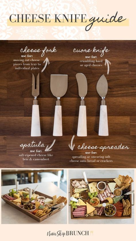 cheese knives guide | cheese board | cheese knife set  | cheese knife guide  | hosting  | cheese board tips Cheese Knife Guide, Wine Cheese Pairing, Knife Guide, Decorações Com Comidas, Wine And Cheese Party, Cheese Knife Set, Charcuterie Inspiration, Cheese Pairings, Charcuterie Platter