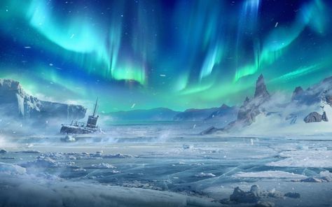 ArtStation - WoT_Wargaming.net Northern Lights Fantasy Art, Aurora Concept Art, Fantasy Ice Landscape, Ice Environment, Ice Landscape, Aurora Borealis Art, Icewind Dale, Arctic Landscape, Aurora Borealis Northern Lights