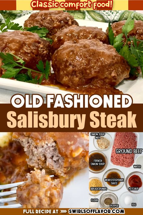 Old Fashioned Salisbury Steak Recipe is pure comfort food that’s a throwback to years ago. Seasoned ground beef patties simmer in a flavorful onion sauce and are ready in about 30 minutes. An easy weeknight dinner recipe! Salisbury Steak Recipe Cube Steak, Salisbury Steak Using Frozen Hamburger Patties, Salisbury Steak Recipe Ground Beef, Old Fashioned Meals Family Recipes, Ground Steak Recipes, Salisbury Steak Recipe Easy Stove Top, Salisbury Steak Recipe Oven, Salisbury Steak Recipe Easy, Salisbury Steak Easy