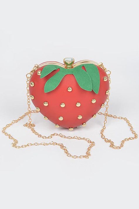 Crab Clutch/Crossbody Bag Red Bag w/ Gold Studs Gold Chain & Hardware Chain Is Removable Latch Closure 5"w x 5"h x 1.5"d Polyurethane Strawberry Accessories, Strawberry Fashion, Strawberry Purse, Strawberry Stuff, Strawberry Bag, Strawberry Outfit, Strawberry Hearts, Strawberry Wine, Dress Design Drawing