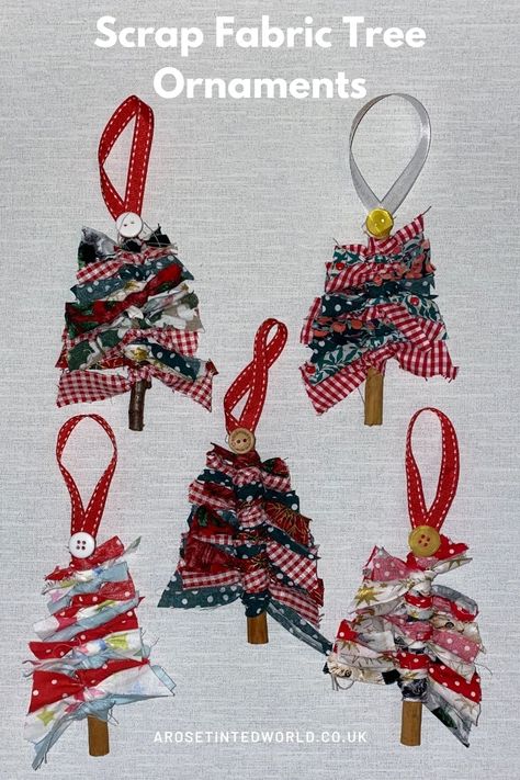 or dowelling. Some fabric scraps or pieces of ribbon.  Scissors Coordinating ribbon or twine to use as a hanger for your Stick Christmas Tree, Fabric Tree, Fabric Christmas Trees, Quilted Christmas Ornaments, Fun Christmas Crafts, Christmas Tree Crafts, Christmas Ornament Pattern, Scrap Fabric, Fabric Ornaments