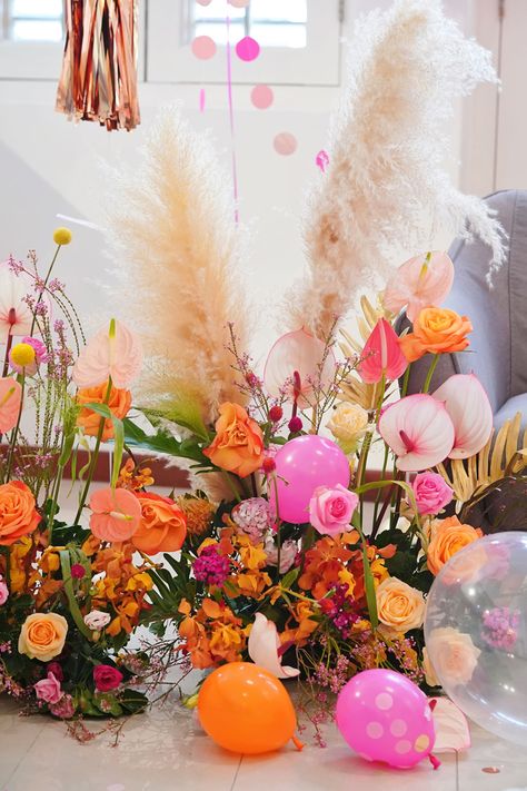 Bright Theme Party, Bright Party Theme, Pink And Orange Decorations Party, Teal Pink And Orange Party, Bright Hens Party Theme, Pink And Orange Hens Party, Orange And Pink Hen Party, Pampas Grass And Bright Flowers, Orange Pink Party