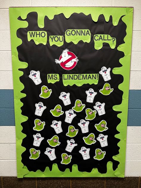 Ghostbusters Classroom Bulletin Board with little Slimers and Stay Puft characters Ghost Busters Bulletin Board Ideas, 3d Halloween Bulletin Board Ideas, Ghost Busters Door Decorations Classroom, Ghostbusters Bulletin Board, Scary Bulletin Boards, Beetle Juice Bulletin Board, Halloween Bulletin Boards For Work, Beetlejuice Bulletin Board, Ghost Bulletin Board