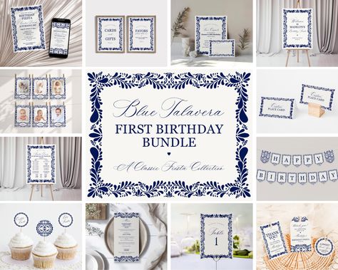 Blue Talavera First Birthday Bundle Printable Template, Spanish Tile Mexican 1st Birthday Fiesta, Papel Picado Birthday Party Decor WP1018 Mexican 1st Birthday, 1st Birthday Fiesta, Blue Floral Border, Blue Talavera, Birthday Fiesta, Intimate Gathering, Mexican Talavera Tile, Peach Party, Talavera Tile