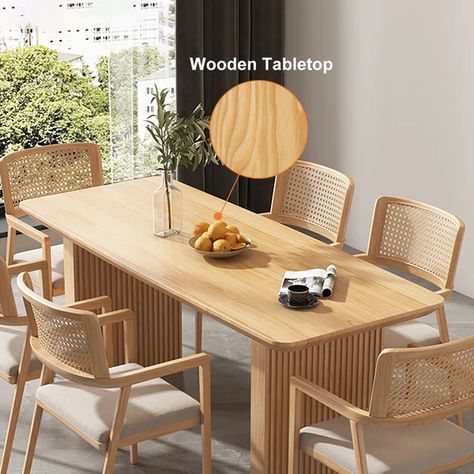 Japandi 63" Rectangle Dining Table Double Pedestal Natural Wood Top for 6 Ribbed Leg Reka Bentuk Dapur, Set Meja Makan, Desain Furnitur Modern, Dining Table And Chairs, Small Kitchens, Rectangle Dining Table, Farmhouse Dining Table, Solid Wood Table, Dining Room Inspiration