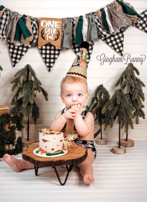 Hunting Cake Smash, Oh Deer One Year Birthday, Deer 1st Birthday Boys, Hunting Smash Cake, Camping Smash Cake, The Big One Hunting Birthday, Deer Hunting First Birthday Party, Hunting 1st Birthday Boys, One Deer Ful Birthday Party Boy