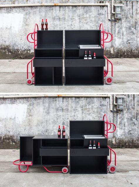 These modern black furniture pieces can be placed beside each other to create an elongated space used for various tasks, such as a wine bar. Movable Furniture, Mobile Furniture, Portable Furniture, Mobile Workshop, Multipurpose Furniture, The Push, Cornell University, Urban Furniture, Workplace Design