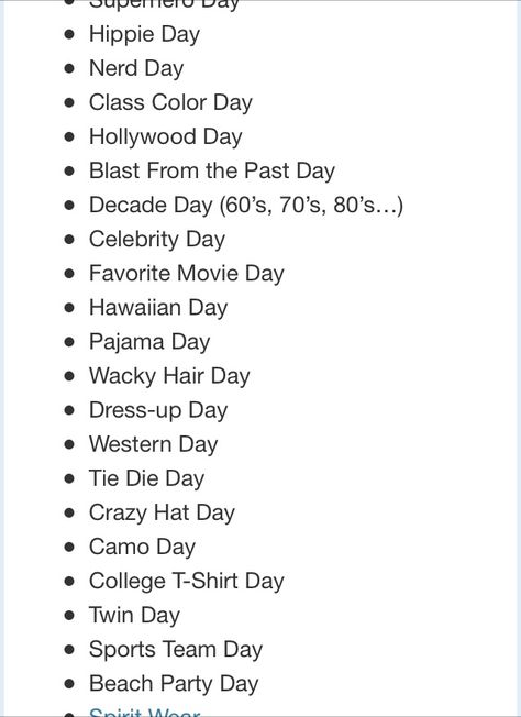 Spirit Week Themes Ideas, Spirit Day Ideas Highschool, Spirt Week Ideas High School, Dress Up Ideas For Spirit Week, Hoco Dress Up Days, Dress Up Days Ideas, Homecoming Dress Up Days Spirit Weeks, Hoco Dress Up Days Ideas, Homecoming Themes Spirit Weeks