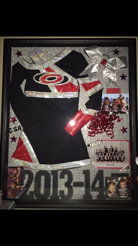 Cheer shadow box Senior Cheer Shadow Box Ideas, Cheerleading Shadow Box Ideas, Cheer Uniform Shadow Box Ideas, Cheer Shadow Box Ideas, Cheer Uniform Shadow Box, Cheer Decor, Cheer Wall, Cheerleading Crafts, Cheer Crafts