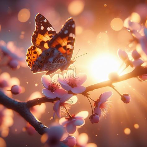 A butterfly landing on a cherry blossom branch, sunset with sunlight and glow on the wings, 4k realistic Cherry Blossom Butterfly, Butterfly Landing, We Found Love, Blossom Branch, Cherry Blossom Branch, Cherry Blossom Tree, The Wings, A Butterfly, Bing Images