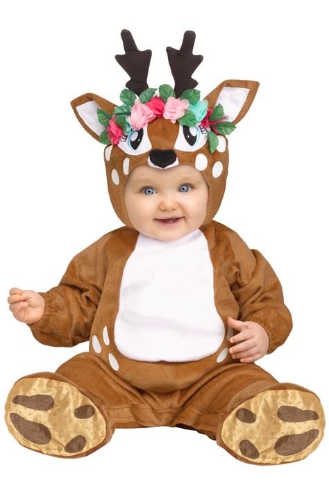 Oh dear! You've never seen a deer so cute as this Oh Deer! Toddler Costume! This precious little costume features a brown footed jumpsuit and deer character hood with beautiful accent roses for a fairy tale look. Now you can run off and play with all Funny Toddler Costumes, Baby Deer Costume, Baby Halloween Costume, Reindeer Costume, Girl Halloween Costumes, Animal Halloween Costumes, Deer Costume, Baby Kostüm