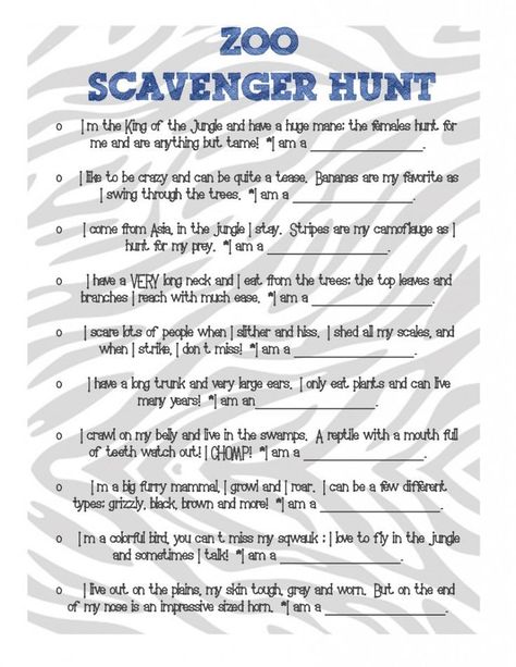 scavenger hunt questions for adults Zoo Scavenger Hunt Printable, Zoo Scavenger Hunt, Jungle Crafts, Zoo Activities, Scavenger Hunt Printable, Scavenger Hunt Birthday, Scavenger Hunt Clues, Halloween Scavenger Hunt, Zoo Birthday