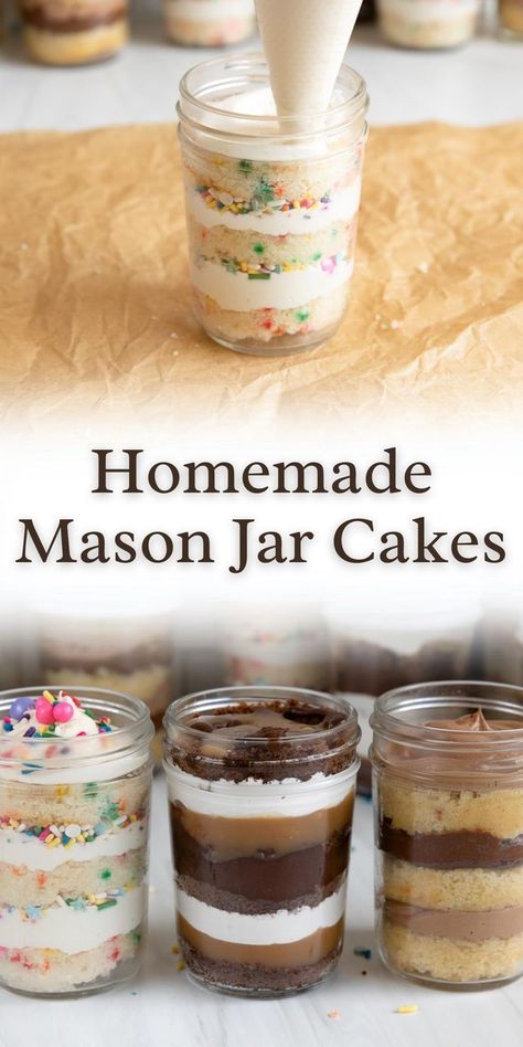 adding cake and frosting to a mason jar for homemade mason jar cakes. Cakes In Jars, Mason Jar Desserts Recipes, Jar Cakes, Mason Jar Cakes, Mason Jar Recipe, Mason Jar Desserts, Dessert Cups Recipes, Cake In A Jar, Dessert Gifts