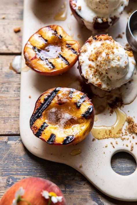 Browned Butter Grilled Peaches with Cinnamon Toast Brioche Crumbs | halfbakedharvest.com #summerrecipes #peaches #icecream #easyrecipes Grilled Peaches With Ice Cream, Peaches Grilled, Peach Recipes, Grilled Fruit, Sweet Recipe, Baked Fruit, Easy Summer Desserts, Recipes Sweet, Browned Butter