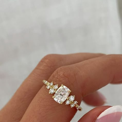 Elongated Radiant 3 Stone Engagement Ring, 3 Ct Diamond Ring, Old Style Engagement Rings, Cushion Engagement Ring With Side Stones, Elongated Cushion Trilogy Ring, Vintage Gold Engagement Rings Antiques, Engagement Rings With Gold, Elongated Cushion Trilogy, Unique Cushion Cut Engagement Rings