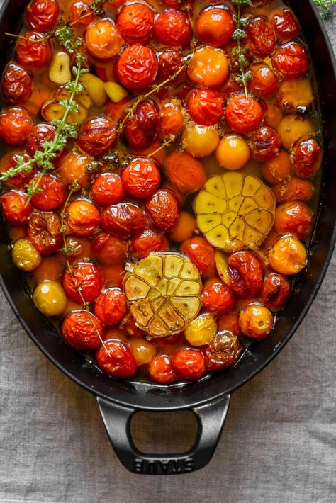 Tomato Confit | Nourish Deliciously Tomato Confit With Burrata, Balsamic Cherry Tomatoes, Cherry Tomato Recipes Dinner, Tomato Confit Recipes, Tomato Garlic Confit, Confit Tomatoes, Pear Tomatoes, Tomato Spread, Tomato Confit