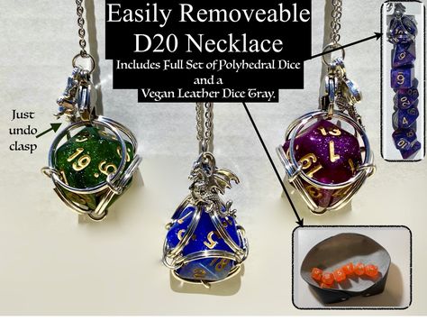 "The dice arrive packaged in a vegan leather tray. Open the tray and wear your necklace, then store the remaining dice in the tray and drop it in your pocket or purse. (The color of the vegan leather may vary from the video clip.) This D20 pendant necklace is a D20 die in a cage which you can free it from with the simple opening of the clasp. Then it can join the other six acrylic polyhedral dice to make a complete set. You receive both the D20 pendant necklace and the other six polyhedral dice How To Make Dice, Leather Dice Tray, Dice Necklace, Diy Dice, Diy Jewelry Rings, Dungeons And Dragons Dice, Leather Tray, Dice Tray, Glendale Az