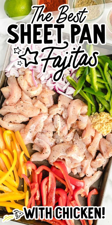 Seasoned chicken and crisp veggies all cooked on a single pan make this sheet pan fajitas a tasty and easy meal to whip up. Chicken Fajitas Oven, Baked Fajitas, Oven Fajitas, Sheet Pan Fajitas, Easy Dinner Recipes For Two, Pan Fajitas, Sheet Pan Meals Chicken, Baked Chicken Fajitas, Chicken Fajita Recipe