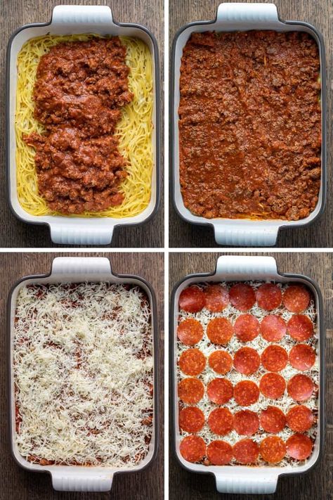 Spaghetti Sauce Casserole, Baked Spaghetti Pizza Casserole, Easy Dinner Recipes With Spaghetti Noodles, Spaghetti Bake With Pepperoni, Pepperoni Spaghetti Casserole, Spaghetti Pizza Recipe, Baked Spaghetti Recipe With Pepperoni, Pepperoni Spaghetti Bake, Pizza Spaghetti Bake