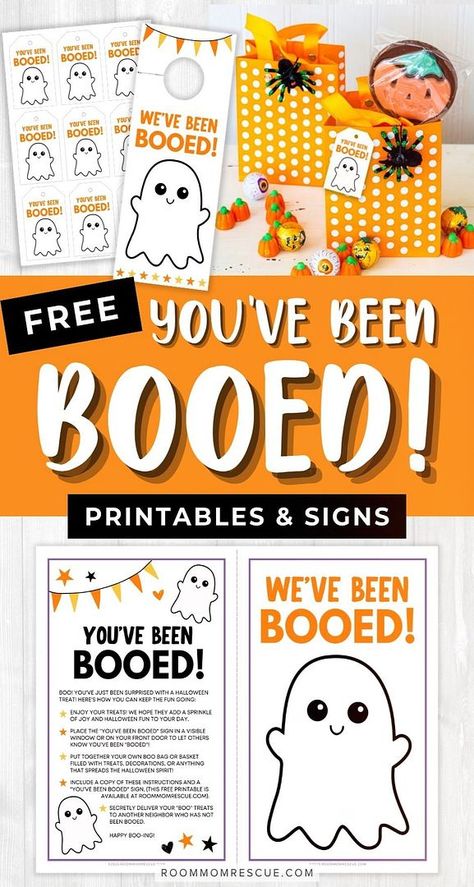 Neighbors, it's time to spread some Halloween joy! Our collection of free printables includes everything you need to start the "You've Been Booed" game in your neighborhood, fostering a sense of community and festive fun. Learn more about Halloween ideas, You've Been Booed kits, morale boosters, Halloween signs, and Free Halloween printables at roommomrescue.com! You've Been Booed Free Printable, You've Been Booed Printable, Boo Door Hanger, Youve Been Bood, Boo And Buddy, Been Booed, Boo Baskets, You've Been Booed, Boo Boo Bags