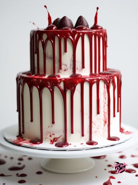 Beautiful red fake blood dripping cake, great for TV show Dexter Party, Murder Mystery Parties or Thriller events for Halloween. Edible Blood Recipe, Blood Cupcakes, Edible Blood, Spooky Desserts, Werewolf Horror, Drip Cake Recipes, Mystery Dinner Party, Diy Edible, Mystery Dinner