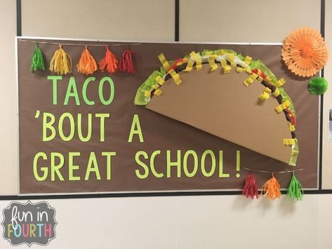 Bulletin Board Ideas for Back to School or Anytime of the year. Theme: Let's Taco 'Bout Bulletin Boards | Fun in Fourth #BulletinBoard #ClassroomDecor #BacktoSchool #Classroom #Teaching #UpperElementary Cafeteria Bulletin Boards, Elementary Bulletin Boards, Work Bulletin Boards, Interactive Bulletin Boards, Bullentin Boards, Halloween Bulletin Boards, Teacher Bulletin Boards, Ra Bulletin Boards, Fall Bulletin Boards