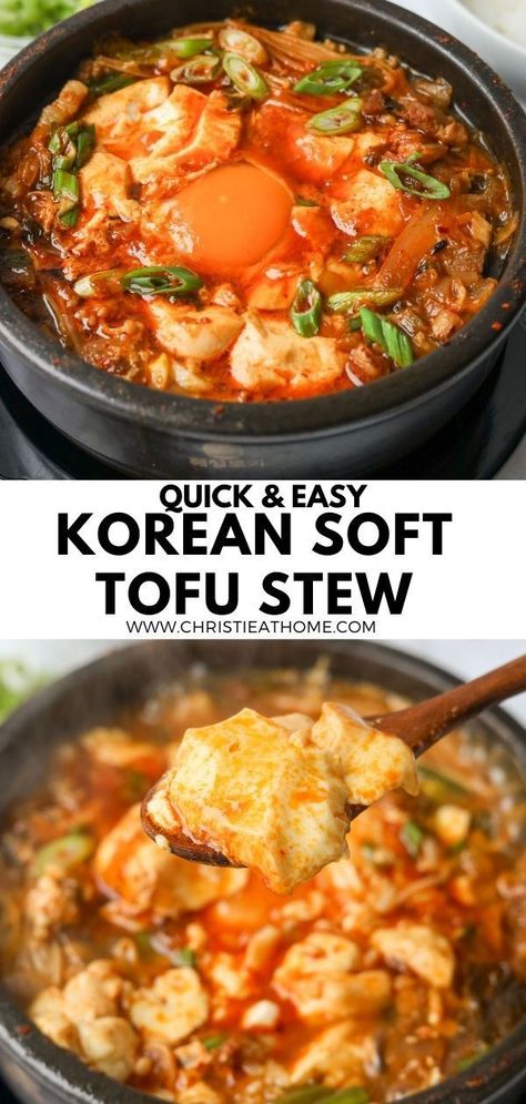 Sundubu Jjigae. A savory, comforting stew with soft tofu, kimchi, pork belly, egg, mushrooms and aromatics simmered in a spicy broth. This serves perfectly with steamed rice in 30 minutes! Korean Soft Tofu Soup, Soon Dubu Tofu Soup, Steamed Rice Recipe Meals, Soon Tofu Soup Recipe, Tofu Kimchi Soup, Kimchi Jiggae Korean, Korean Mushroom Soup, Pork Belly Stew, Soon Dubu Jjigae Recipe