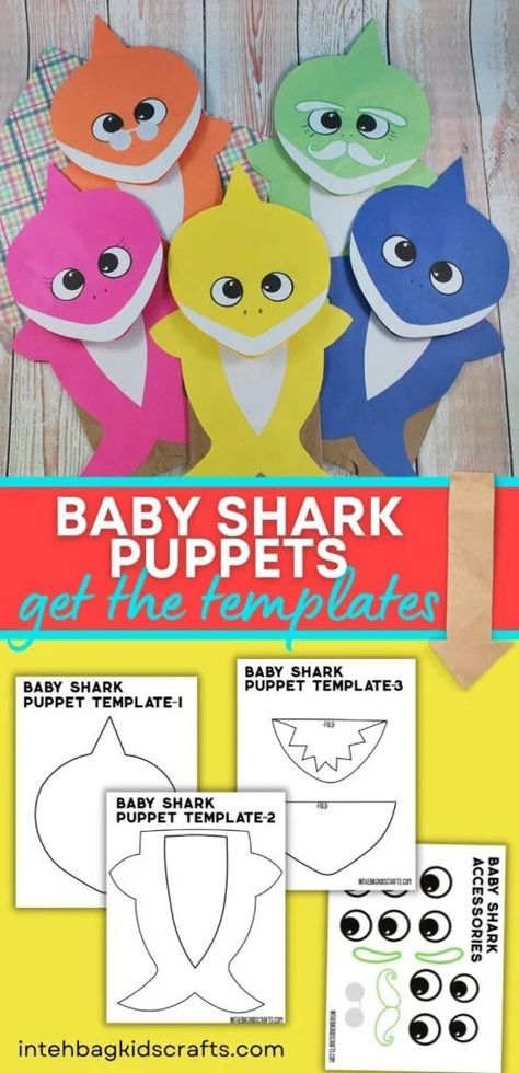 These Baby Shark inspired crafts are rasy to make with the free printable templates. And they lead to hours of imaginative play . Make them gray for a traditional shark craft or colorful for cartoon like characters. Then put in a puppet show! Shark Puppet Craft Paper Bag, Shark Paper Bag Puppet, Build A Shark Printable, Shark Toddler Crafts, Puppet Printable Free, Shark Puppet Craft, Shark Art For Toddlers, Baby Shark Crafts For Toddlers, Shark Activities For Toddlers