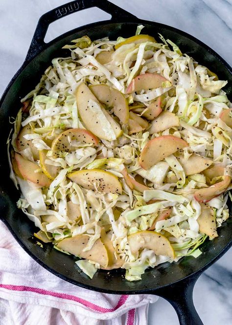 This Braised Cabbage and Apple recipe is a perfect side dish, packed with brown sugar sautéed apples and green cabbage braised in cider vinegar and spices. #apples #cabbage #sidedish Braised Cabbage And Apples, Apples And Cabbage Recipe, Cabbage And Apples, Green Apple Recipes, Sautéed Apples, Cabbage Side Dish, Cabbage Recipes Healthy, Braised Greens, Baked Cabbage