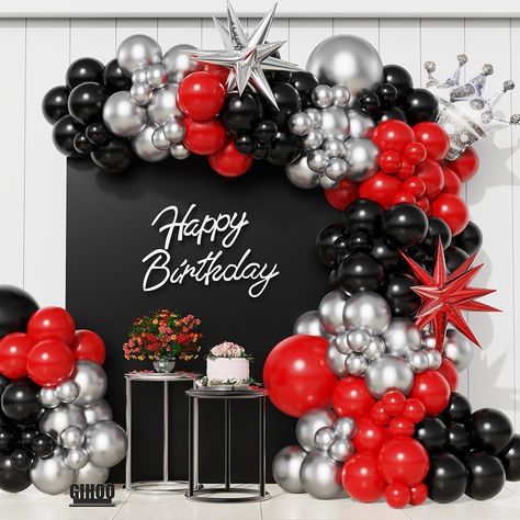 Black And Red 50th Birthday Party Ideas, Red And White Party Theme, Class Party Decoration Ideas, Red And Black Masquerade Party, Red And Black Decorations Party, Red Black And Silver Party Decoration, Black And Red Birthday Party Decorations, Red And Silver Decorations, Red And Black Balloon Arch