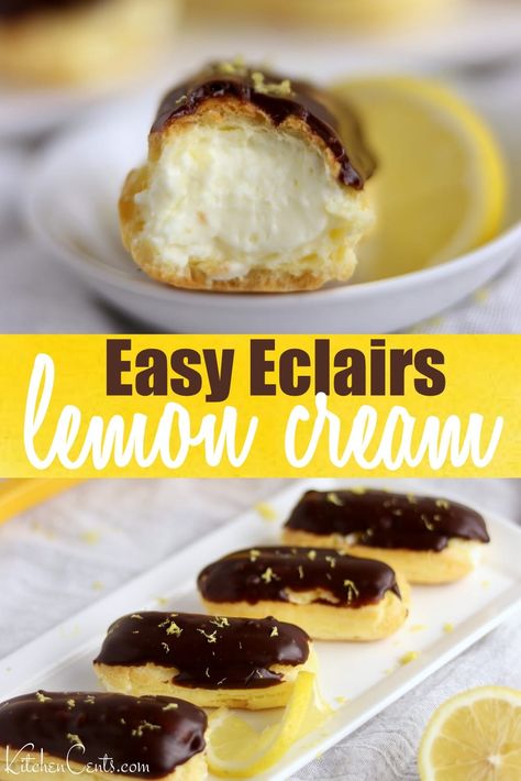 Creamy Lemon Eclairs: an easy lemon dessert - Kitchen Cents Lemon Eclairs, Lemon Eclair, Easter Brunch Dessert, Lemon Cream Filling, Easy Eclairs, Easy Chocolate Ganache, Lemon Desserts Easy, Eclair Recipe, Spring Dessert