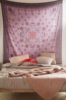 Oversized bohemian tapestry that's perfect for filling any empty wall space. Features folky abstract motifs printed at its centre and easy tassel trims all-around. **Content + Care** \- 100% Cotton \- Machine wash | Urban Outfitters Petra Folk Tapestry - Purple Aesthetic Bedroom Ideas, College Room, Purple Decor, Bedroom Essentials, Boho Bedding, Bohemian Bedroom, Room With Plants, Curtains For Sale, Aesthetic Bedroom