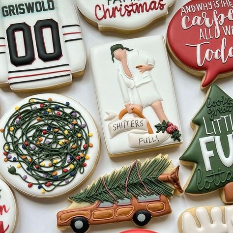 Cassidy Burk on Instagram: "‘Tis the season to be merry✨ Annual Christmas Vacation set! I look forward to this every year! • • • • • #royalicing #cookie #customcookies #montana #royalicingcookies #sugarcookies #cookiesofinstagram #helenamontana #cookies #decoratedcookies #406 #sugarcookiedecorating #christmascookies #christmasvacation #christmasvacationmovie #christmas" Christmas Vacation Royal Icing Cookies, Griswold Christmas Cookies, Christmas Vacation Cookies Decorated, Christmas Movie Cookies Decorated, Friendsgiving Sugar Cookies, Home Alone Cookies Decorated, Christmas Movie Cookies, Christmas Vacation Food Ideas, Christmas Vacation Cookies