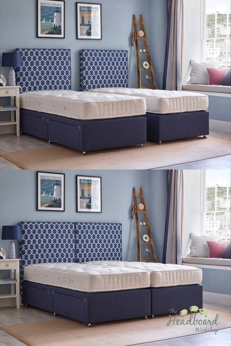 Linking two single beds into a super king or kingsize sleeping arrangement has never been easier or more beautiful. The Headboard Workshop has many stylish solutions for twin rooms, boutique hotels and holiday lets that need style and flexibility for their rooms as well as practicality and an upmarket feel. Two Twin Xl Beds Together, Twin King Single Beds, Twin Beds Privacy, Four Single Beds, How To Arrange Two Twin Beds In One Room, Single Twin Bed Guest Room Ideas, Twin Beds That Convert To King, Two Twin Beds Together King, Two Twin Beds Pushed Together