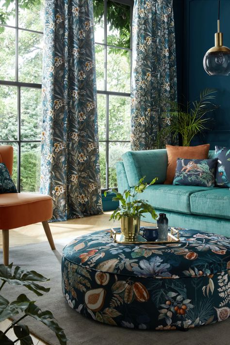 Our new Tahiti collection is an immersive and vibrant collection inspired by the beauty of nature. Drawing inspiration from tropical surroundings, the collection is full of life, rich colour and inspiring hand-painted designs. Printed on a dual purpose velvet, our compelling conversational designs add a bold and playful feel to any living space. Teal Living Room Color Scheme, Dark Dining Room Table, Teal Living Room Ideas, Dining Room Dark, Teal Living Room Decor, Dark Green Living Room, Living Room Color Combination, Music Lounge, Dark Dining Room