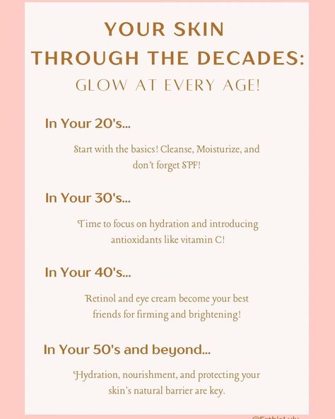 No matter what stage of life you’re in, taking care of your skin is always a good idea. 🌟 Whether you’re in your 20s, 30s, 40s, or beyond, there’s a perfect skincare routine just for you! Here’s a little guide to help you stay glowing every step of the way. 💆🏼‍♀️ Don’t forget- the most important step is keeping up with your facials! Consistent professional care keeps your skin healthy, radiant, and ready for anything 💖 - - - - - - - - - - - - - - - - - - - - - - - - #explore #explorepage #fo... Skincare Routine For 20s, Skincare In Your 20s, Skincare For 20s, Skincare In Your 30s, Perfect Skincare Routine, Esthetician School, Skin Care Routine 30s, Your 20s, Esthetician