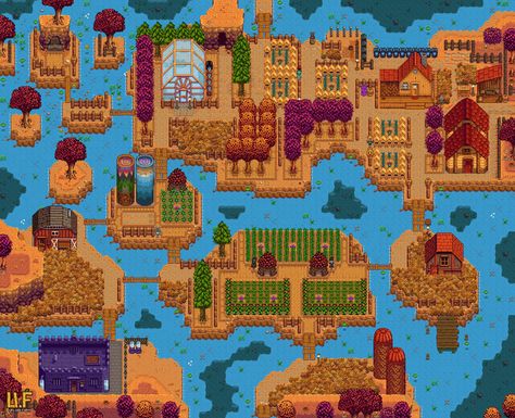 Riverland Farm Layout, Farm Layouts, Stardew Farms, Stardew Valley Ideas, Stardew Valley Farm, Stardew Valley Layout, Valley River, Stardew Valley Tips, Stardew Valley Farms