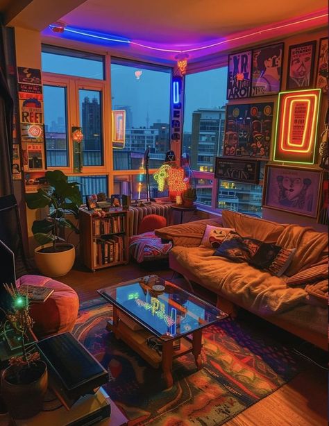 Synthwave Living Room, Dim Apartment Aesthetic, 80s Inspired Apartment, Electric House Aesthetic, Home Lighting Inspiration, Chill Apartment Aesthetic, Maximalist Retro Decor, 80s Basement Aesthetic, Messy Apartment Living Room