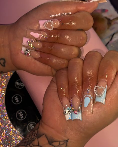 Gender reveal freestyle👶🏻🩵💕 . . . Dm to book!💖 @nailed.byjennie #longnails #genderrevealnails #babyshowernails #blingnails #frenchnails #nailart #nailsofinstagram #viralnails #viralpost #nailsofinstagram #fresnonails #fresnonailtech #explorepage Gender Reveal Nails Ideas, Reveal Nails, Gender Reveal Nails, Baby Shower Nails, Bling Nails, Viral Post, Gorgeous Nails, Nails Ideas, Nail Tech