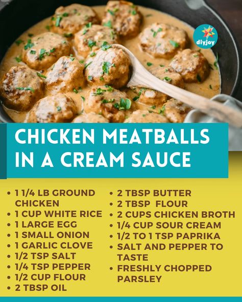 Chicken Meatballs in a Cream Sauce | Easy Dinner Recipe | How to Make Chicken Meatballs via @diyjoycrafts Chicken Meatball Recipe, Meatballs Sauce Recipe, Meatballs Sauce, Meatball Recipes Crockpot, Meatball Dinner, Chicken Meatball, Chicken Receipes, Chicken Meatball Recipes, Moist Chicken