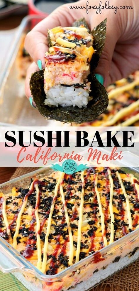 Sushi Bake is basically a California Maki in a casserole! It is easier to make than the traditional rolled sushi and is good for sharing with the whole family. This recipe includes a quick and easy way to make your own Furikake! | www.foxyfolksy.com #FoxyFolksyRecipes #bakedsushi #seafoodsushi #californiamaki California Roll Sushi Bake Recipe, Sushi Bake California Roll, Baked Sushi Rice Recipe Easy, Bake Sushi Casserole, California Roll Sushi Casserole, Cooked Sushi Bowl, California Maki Recipe, California Roll Casserole, California Roll Bake