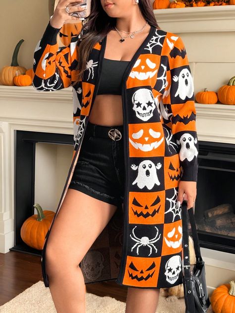 Plus Size Halloween Gothic Punk Checkerboard Contrast Ghost Pumpkin Bat Jacquard Soft Comfy Long Cardigan Sweater Multicolor Casual  Long Sleeve Knitwear Animal,Colorblock,Halloween  High Stretch  Women Plus Clothing, size features are:Bust: ,Length: ,Sleeve Length: Animal Inspired Fashion, Punk Plus Size, Loose Pullover Sweater, Long Cardigan Sweater, Halloween Gothic, Gilet Long, Long Sleeve Knitted Cardigan, Plus Size Halloween, Áo Len Cardigan