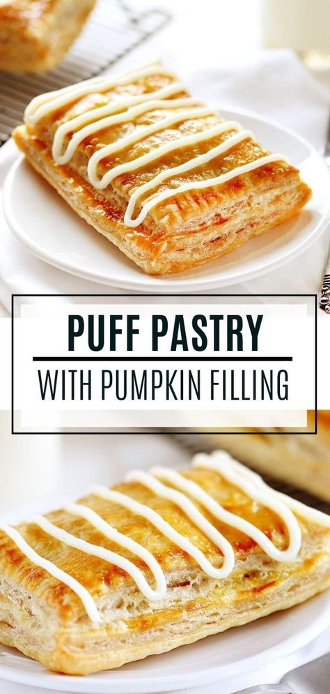 A homemade Pumpkin Puff Pastry with Pumpkin Pie Filling perfect for breakfast or brunch! This pumpkin fall treat is absolutely amazing and the perfect way to start any day. Make some for Thanksgiving or Christmas morning! Pumpkin Puff Pastry Desserts, Pumpkin Puff Pastry, Puff Pastry Recipes Dessert, Pumpkin Filling, Pastries Recipes Dessert, Puff Pastry Desserts, Thanksgiving Appetizer Recipes, Pumpkin Recipe, Sweet Pumpkin